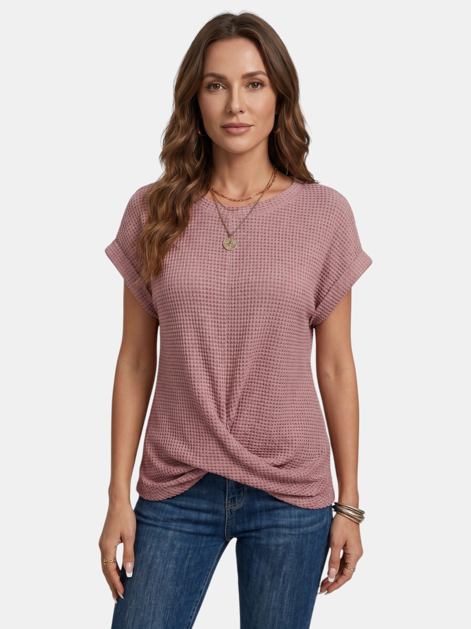 Camiseta de punto waffle texturizado para mujer | Top casual de corte relajado con detalle favorecedor