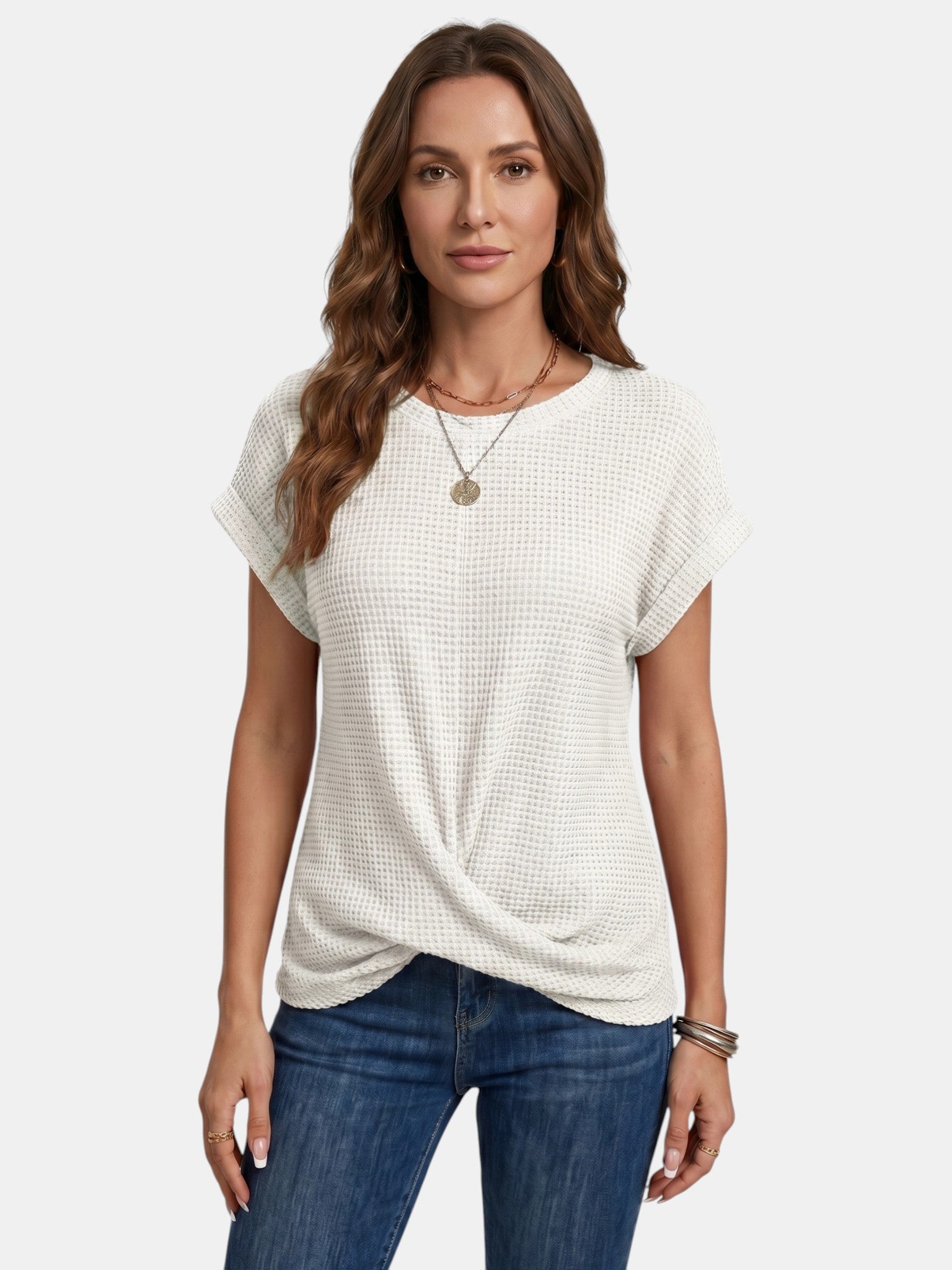 Camiseta de punto waffle texturizado para mujer | Top casual de corte relajado con detalle favorecedor