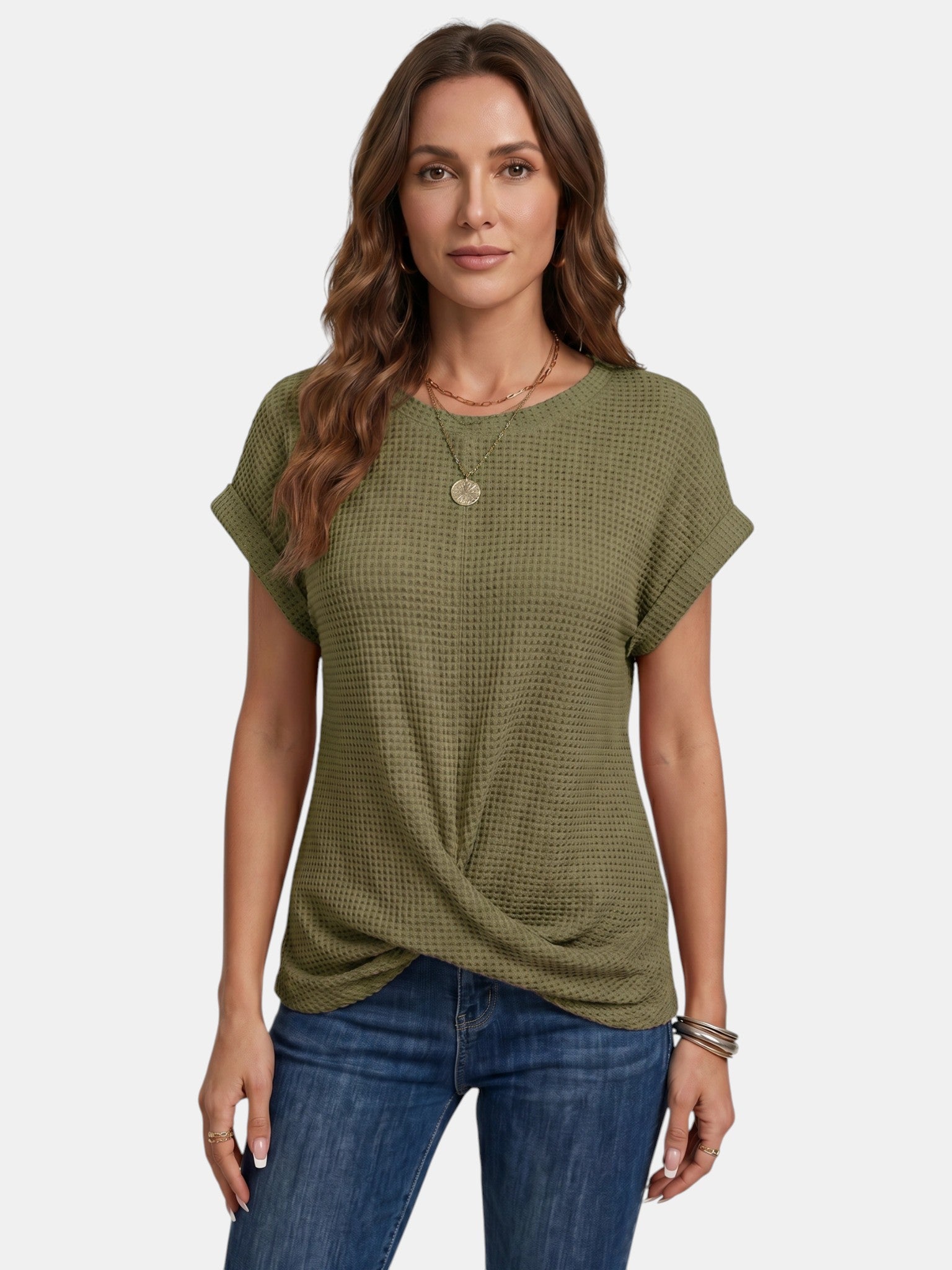 Camiseta de punto waffle texturizado para mujer | Top casual de corte relajado con detalle favorecedor