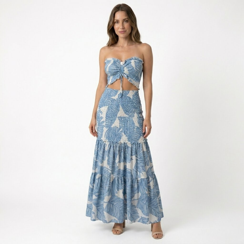 Womens Tropical Print Maxi Dress | Strapless Ruched Summer Gown 7