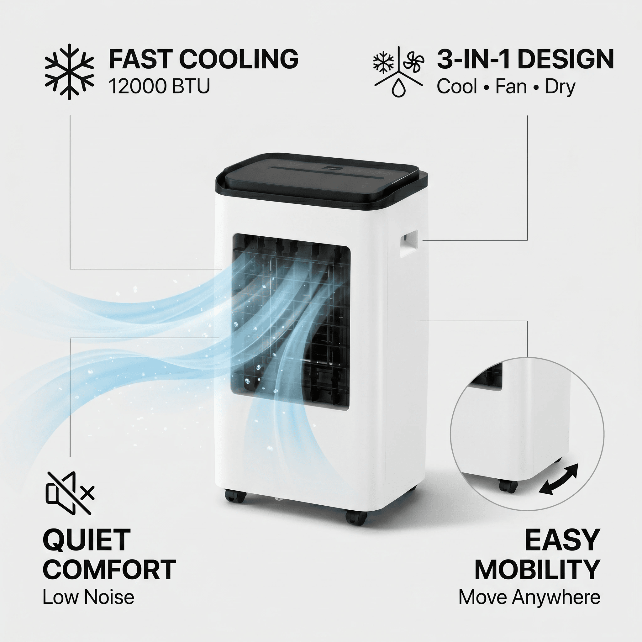 Aire Acondicionado Portátil 3 en 1 12000 BTU | Funciones de Enfriamiento, Deshumidificación y Ventilador | Adecuado para Áreas de hasta 51 m²