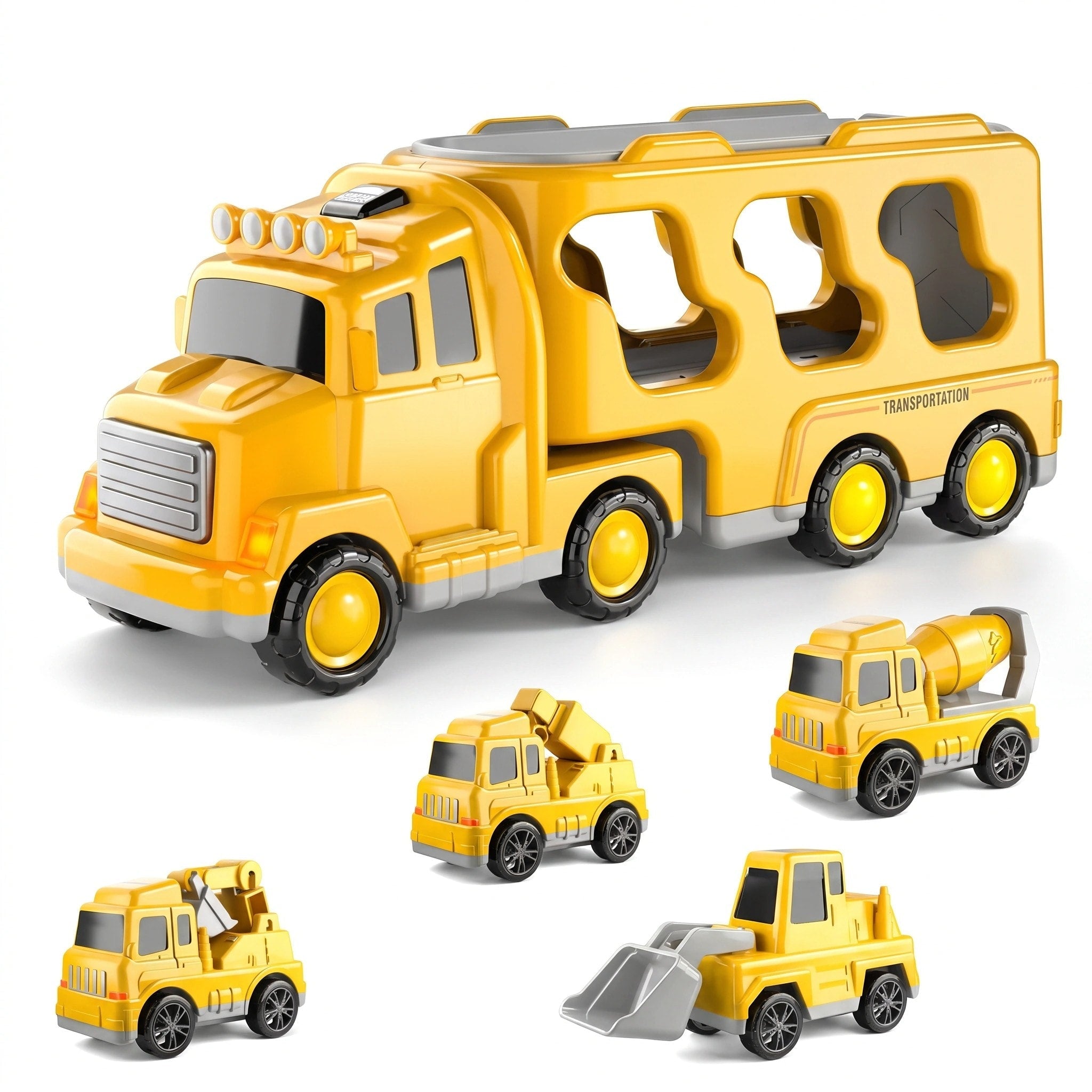 Ensemble de jouets camion de construction 5 pièces avec transporteur, véhicules à traction arrière et lumières