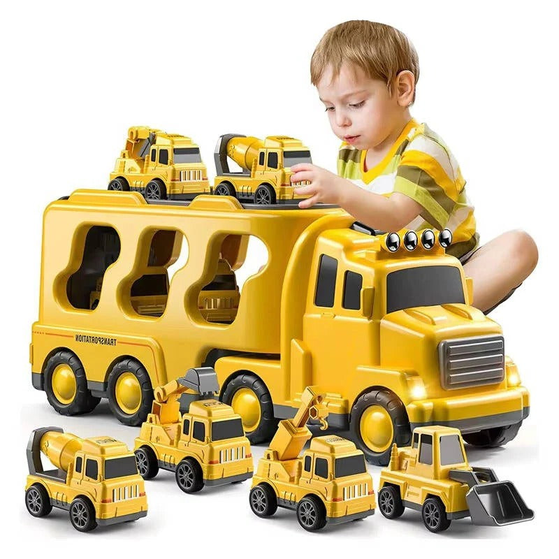 Ensemble de jouets camion de construction 5 pièces avec transporteur, véhicules à traction arrière et lumières