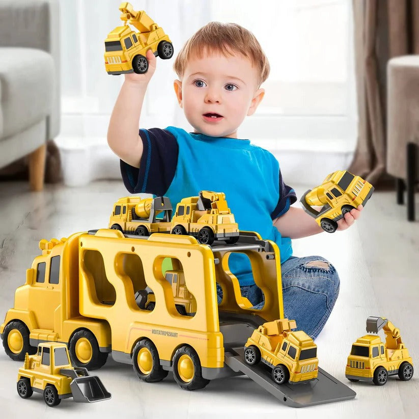 Ensemble de jouets camion de construction 5 pièces avec transporteur, véhicules à traction arrière et lumières