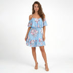 Vestido mini de gasa floral para mujer | Vestido de verano relajado con hombros descubiertos