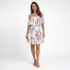 Vestido mini de gasa floral para mujer | Vestido de verano relajado con hombros descubiertos