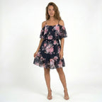 Vestido mini de gasa floral para mujer | Vestido de verano relajado con hombros descubiertos