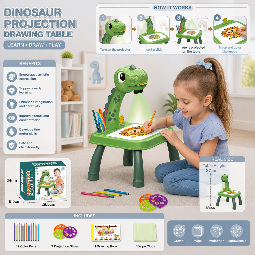 Dinosaur Projection Drawing Table for Kids with Markers and Music 2