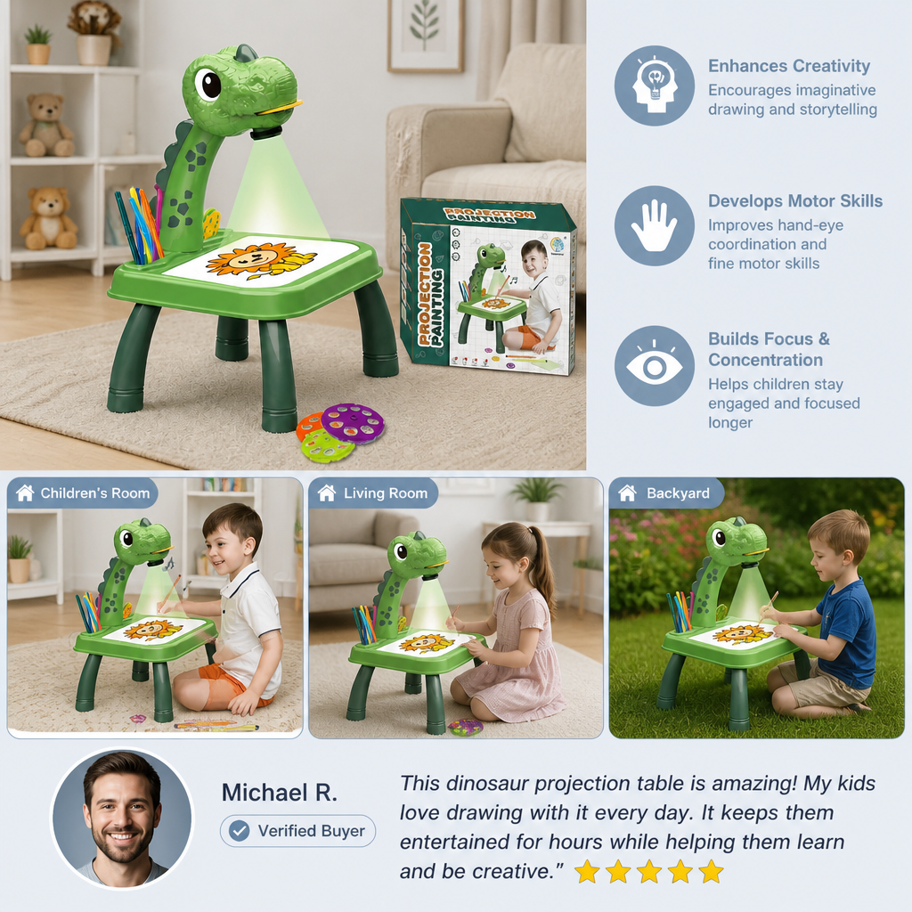 Dinosaur Projection Drawing Table for Kids with Markers and Music 3
