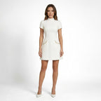 Vestido mini elegante con ribete de perlas para mujer | Conjunto de verano estructurado y chic