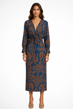 Florence | Women V Neck Twist Front Printed Wedding Guest Midi Dress 0