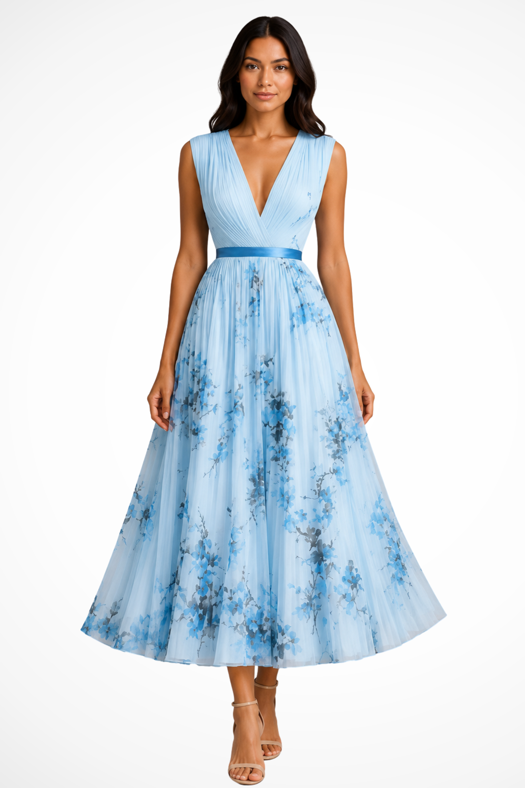 Harriet | Women V Neck Floral Pleated Wedding Guest Petite Midi Dress 3
