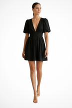Hattie | Women V Neck Puff Sleeve Linen Mini Dress 1