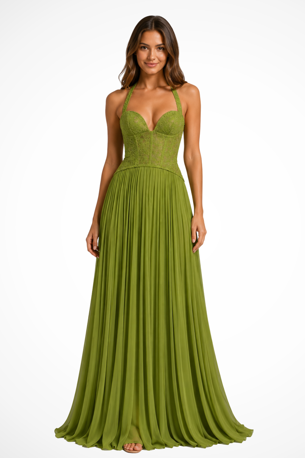 Lavinia | Women Halter Lace Corset Pleated Green Wedding Guest Maxi Dress 0