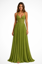 Lavinia | Women Halter Lace Corset Pleated Green Wedding Guest Maxi Dress 0