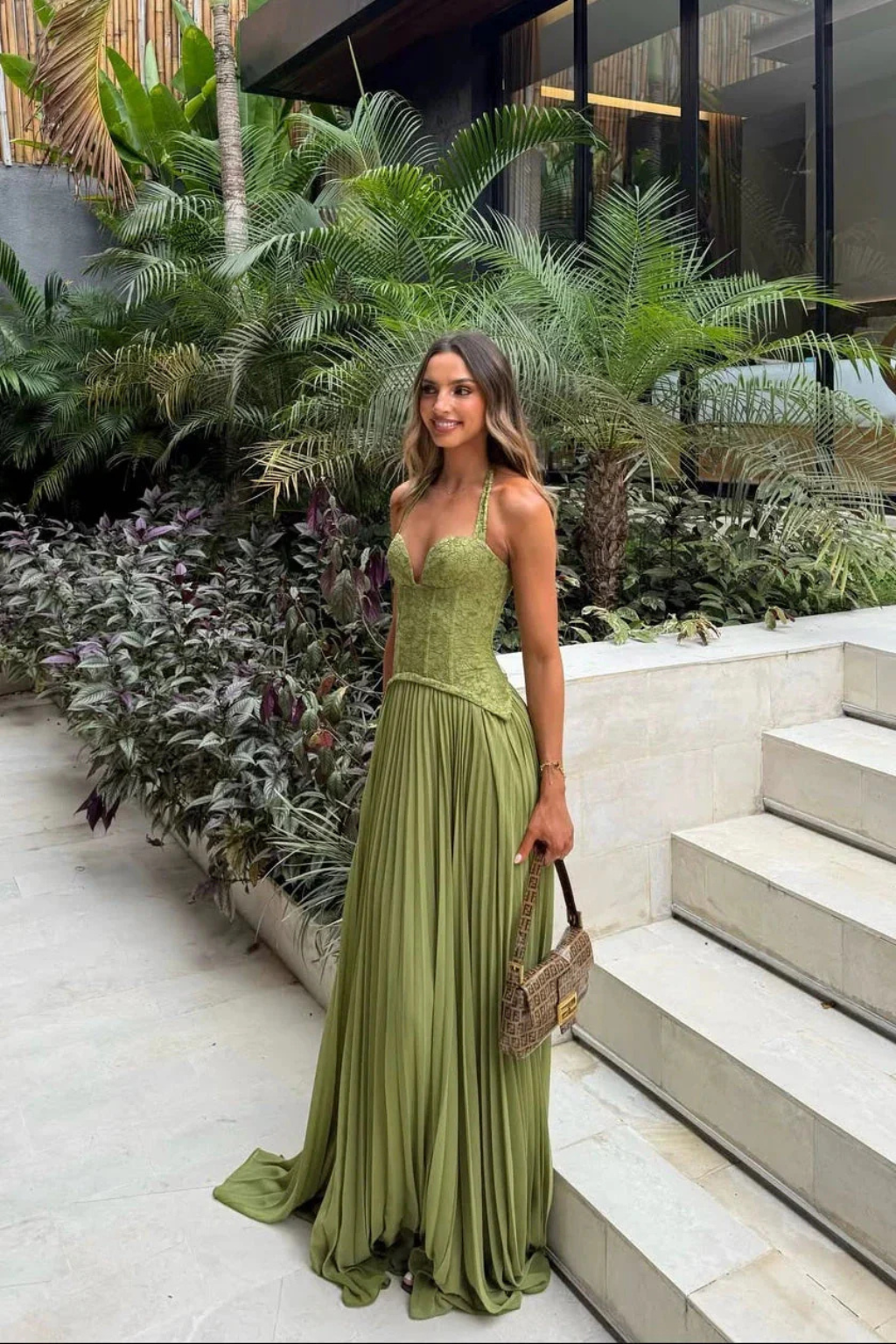 Lavinia | Women Halter Lace Corset Pleated Green Wedding Guest Maxi Dress 1