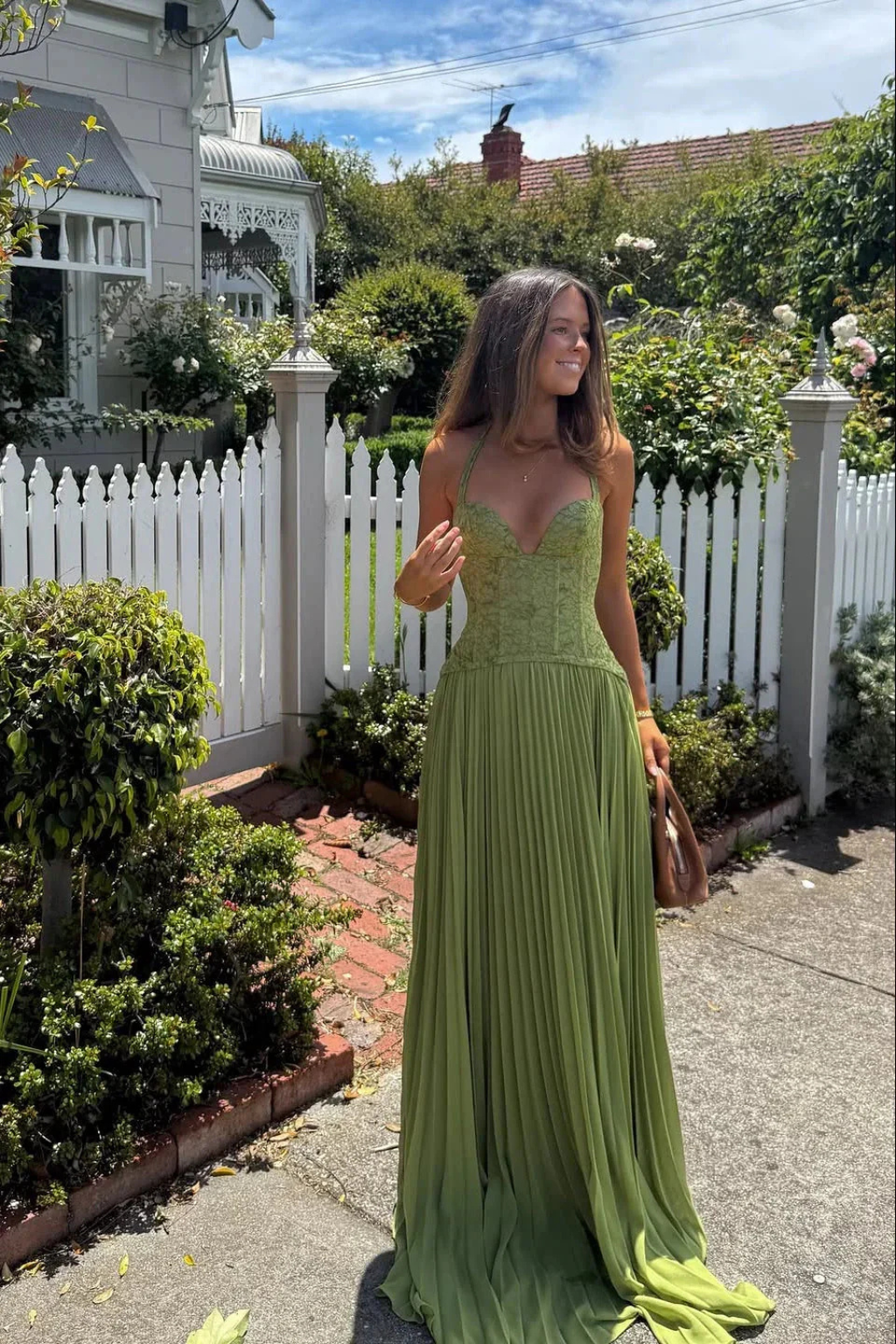 Lavinia | Women Halter Lace Corset Pleated Green Wedding Guest Maxi Dress 2
