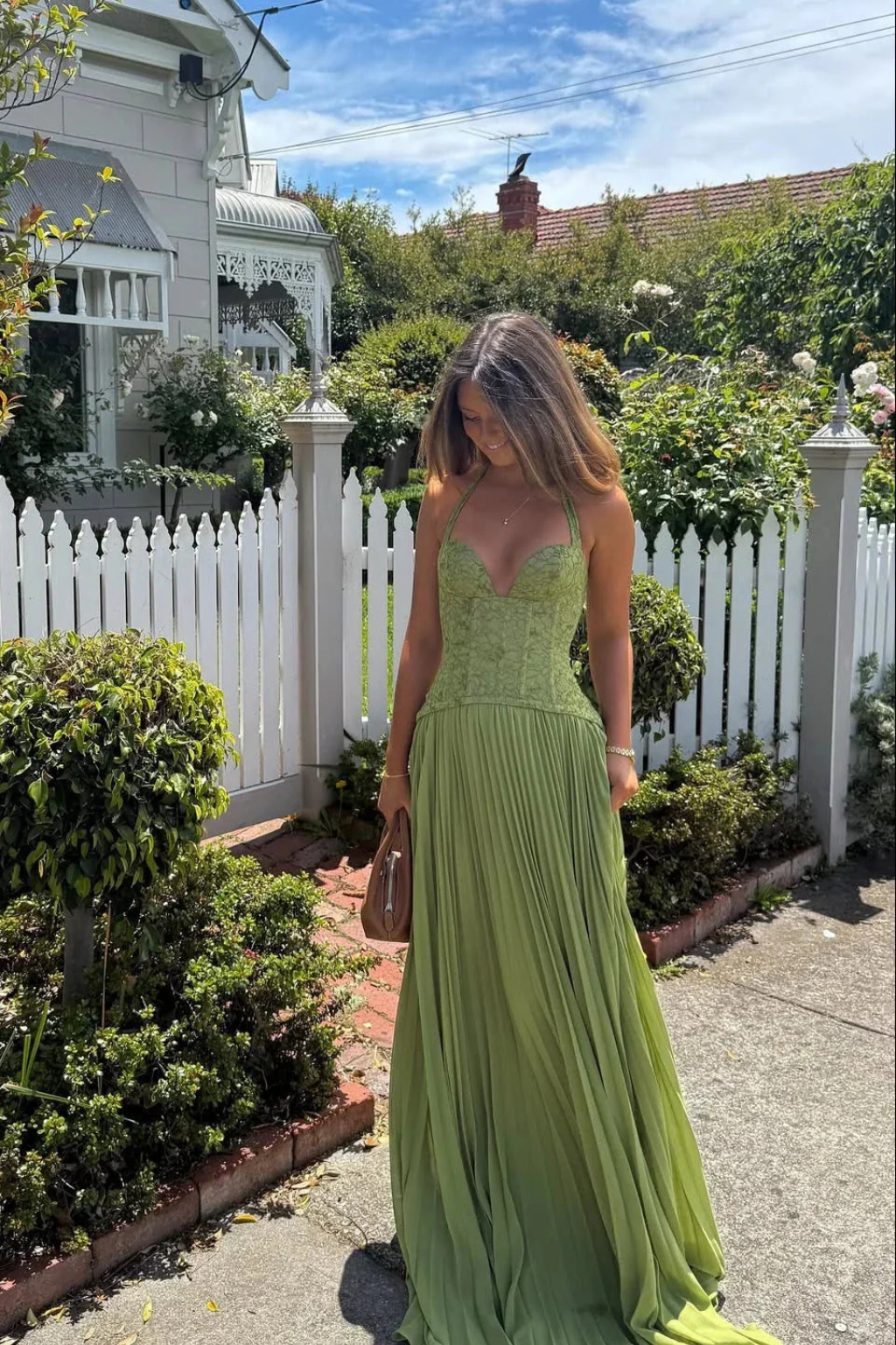 Lavinia | Women Halter Lace Corset Pleated Green Wedding Guest Maxi Dress 3