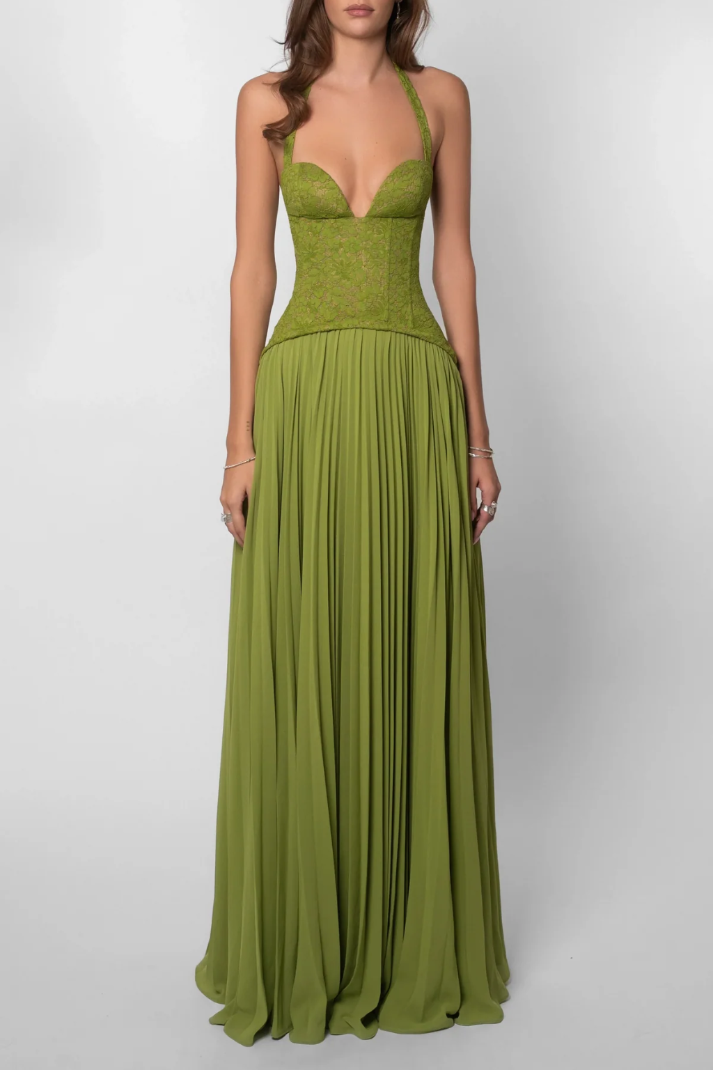 Lavinia | Women Halter Lace Corset Pleated Green Wedding Guest Maxi Dress 4