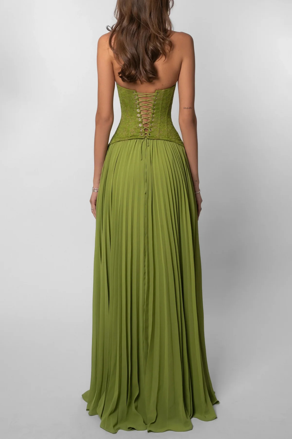 Lavinia | Women Halter Lace Corset Pleated Green Wedding Guest Maxi Dress 6