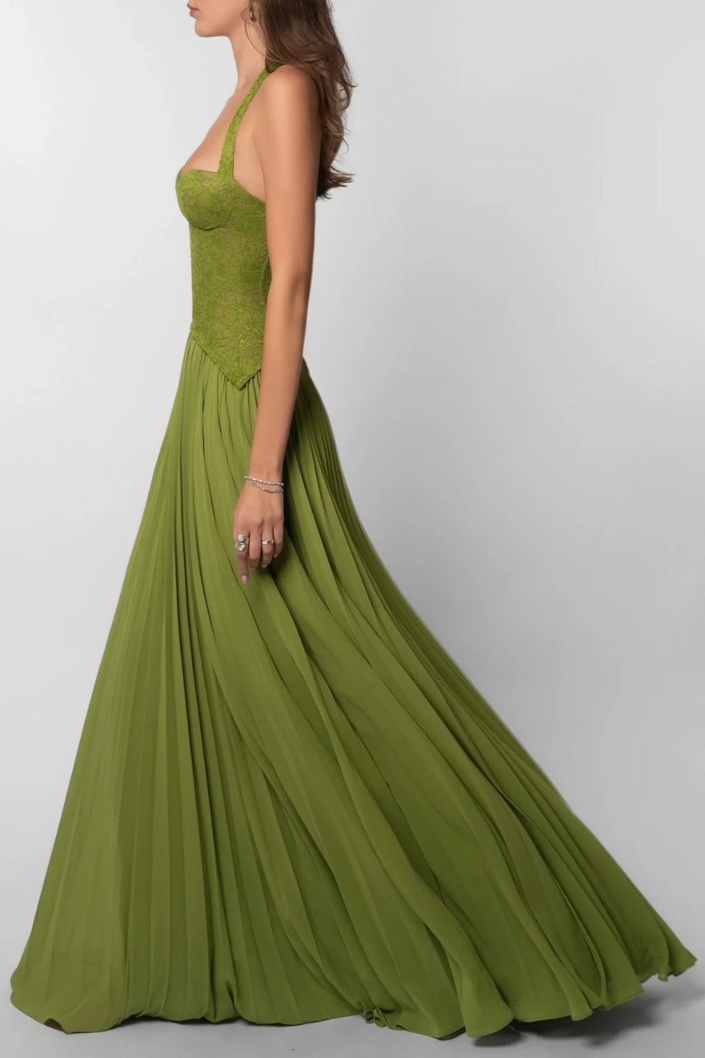 Lavinia | Women Halter Lace Corset Pleated Green Wedding Guest Maxi Dress 7