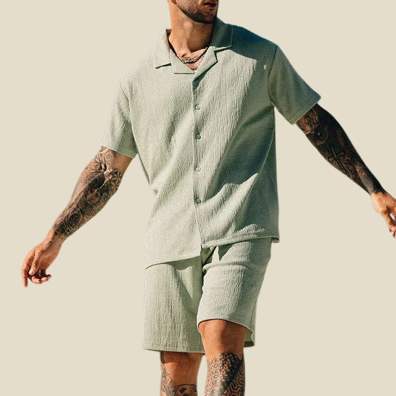 Mens Crinkle Texture Two-Piece Set | Relaxed Camp Collar Shirt and Elasticated Shorts | Summer Comfort Outfit 1