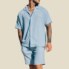 Mens Crinkle Texture Two-Piece Set | Relaxed Camp Collar Shirt and Elasticated Shorts | Summer Comfort Outfit 2