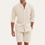 Mens Lightweight Cotton Summer Set | Relaxed Fit Long Sleeve Shirt and Shorts 1