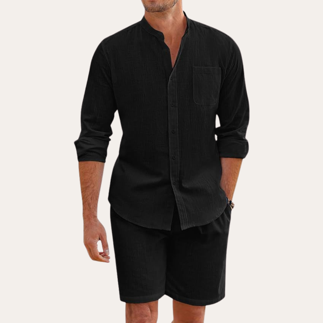 Mens Lightweight Cotton Summer Set | Relaxed Fit Long Sleeve Shirt and Shorts 2