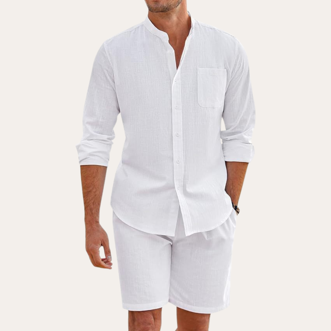Mens Lightweight Cotton Summer Set | Relaxed Fit Long Sleeve Shirt and Shorts 3