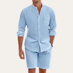 Mens Lightweight Cotton Summer Set | Relaxed Fit Long Sleeve Shirt and Shorts 4