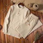 Mens Linen Blend Two-Piece Set | Relaxed Fit Long Sleeve Top and Drawstring Trousers 1