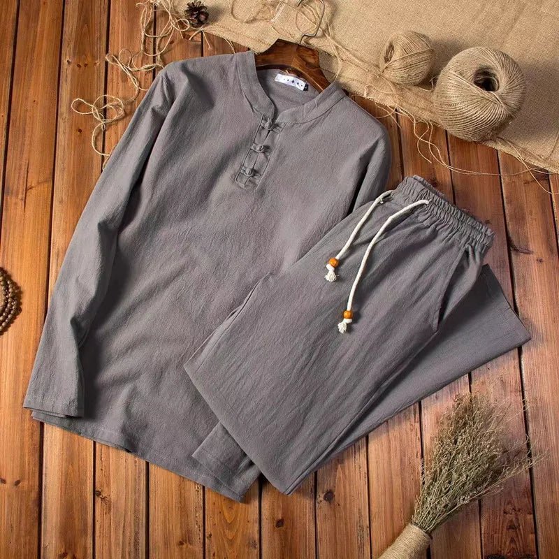 Mens Linen Blend Two-Piece Set | Relaxed Fit Long Sleeve Top and Drawstring Trousers 2