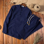 Mens Linen Blend Two-Piece Set | Relaxed Fit Long Sleeve Top and Drawstring Trousers 3
