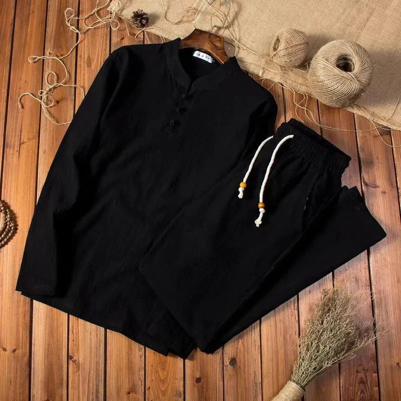 Mens Linen Blend Two-Piece Set | Relaxed Fit Long Sleeve Top and Drawstring Trousers 4