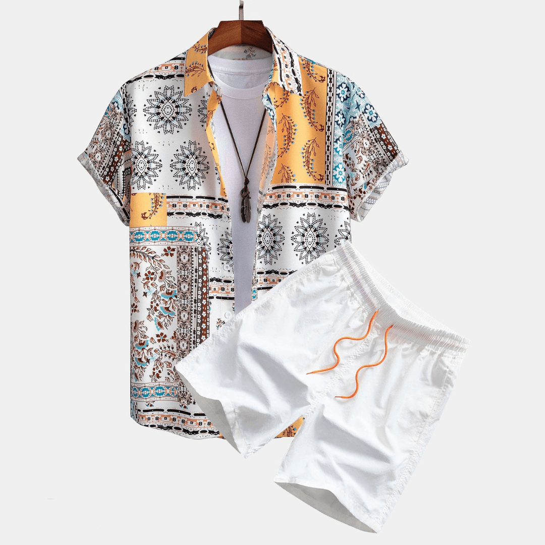Mens Printed Cotton 2 Piece Set | Casual Short Sleeve Shirt and Drawstring Shorts for Summer 1