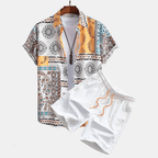 Mens Printed Cotton 2 Piece Set | Casual Short Sleeve Shirt and Drawstring Shorts for Summer 1