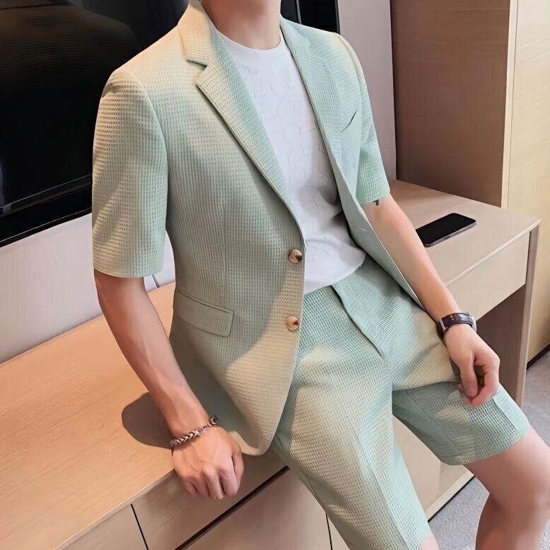 Mens Textured Woven Two-Piece Set | Stylish Short Sleeve Blazer and Shorts for Summer 4