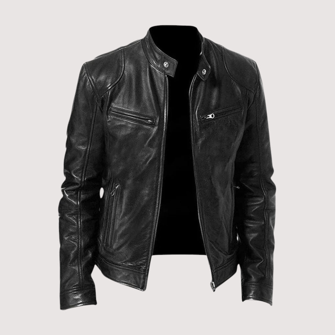Men's leather jacket with stand-up collar 0