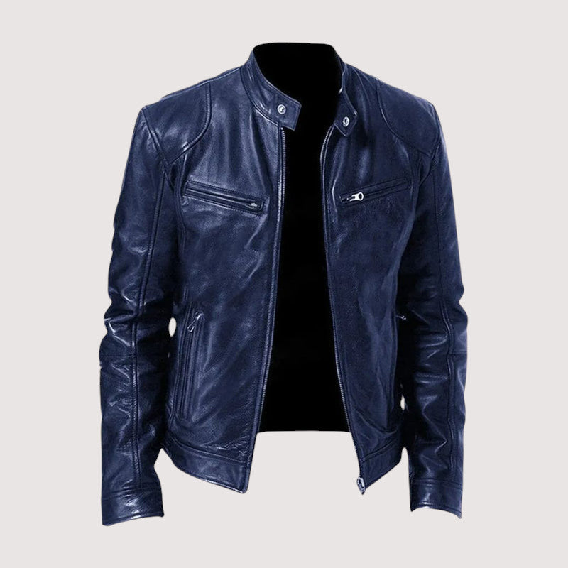 Men's leather jacket with stand-up collar 4