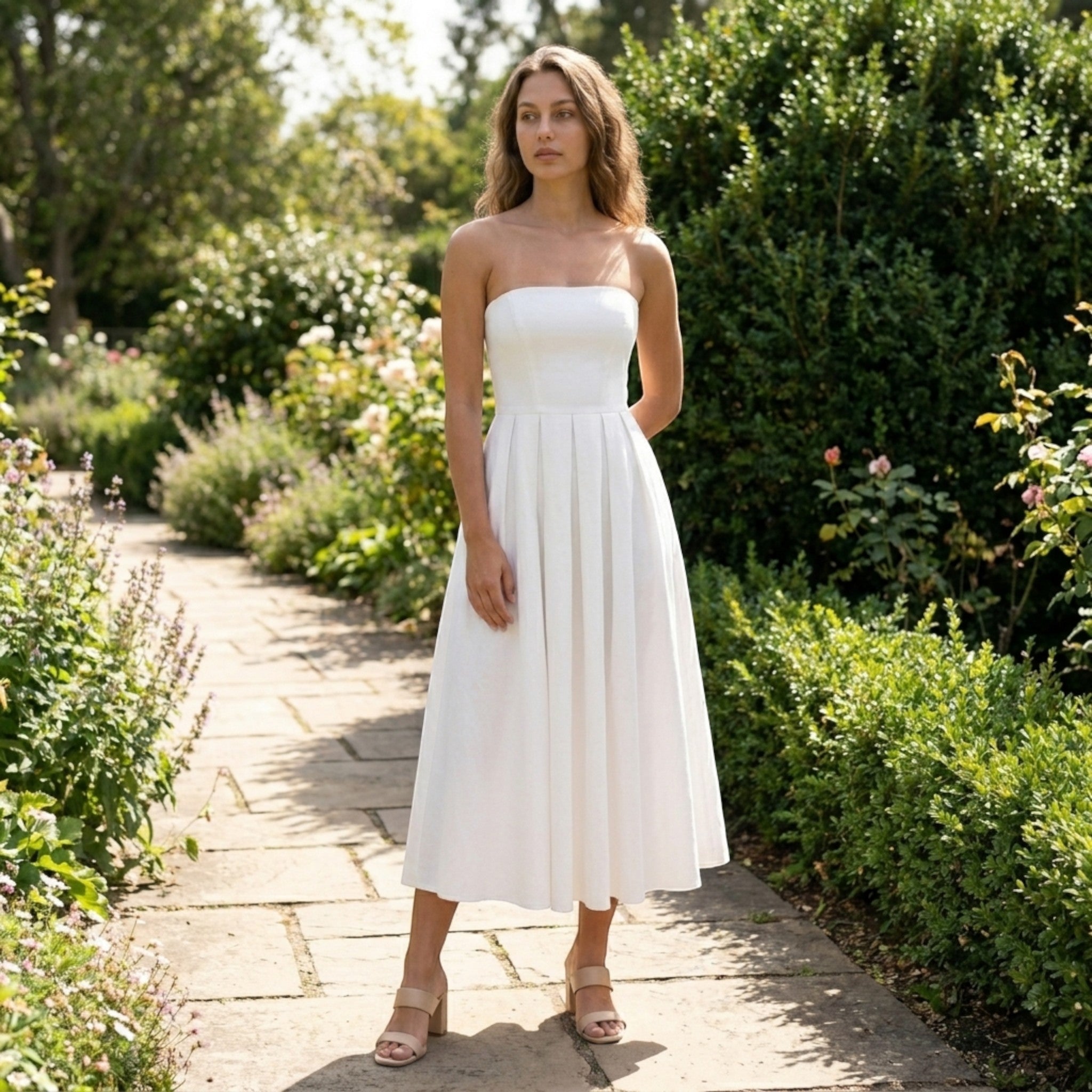 Vestido midi sin tirantes de tela suave para mujer | Elegante vestido formal con corsé y falda en línea A