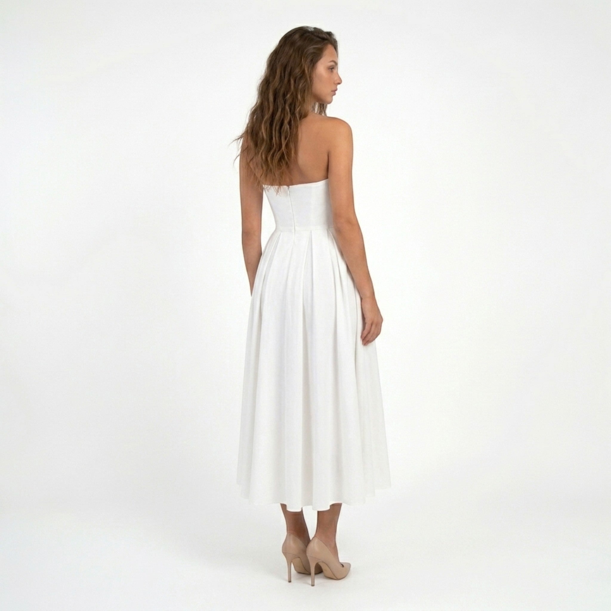 Abito midi senza spalline in tessuto liscio da donna | Elegante abito formale a corpetto e linea ad A