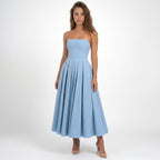 Vestido midi sin tirantes de tela suave para mujer | Elegante vestido formal con corsé y falda en línea A