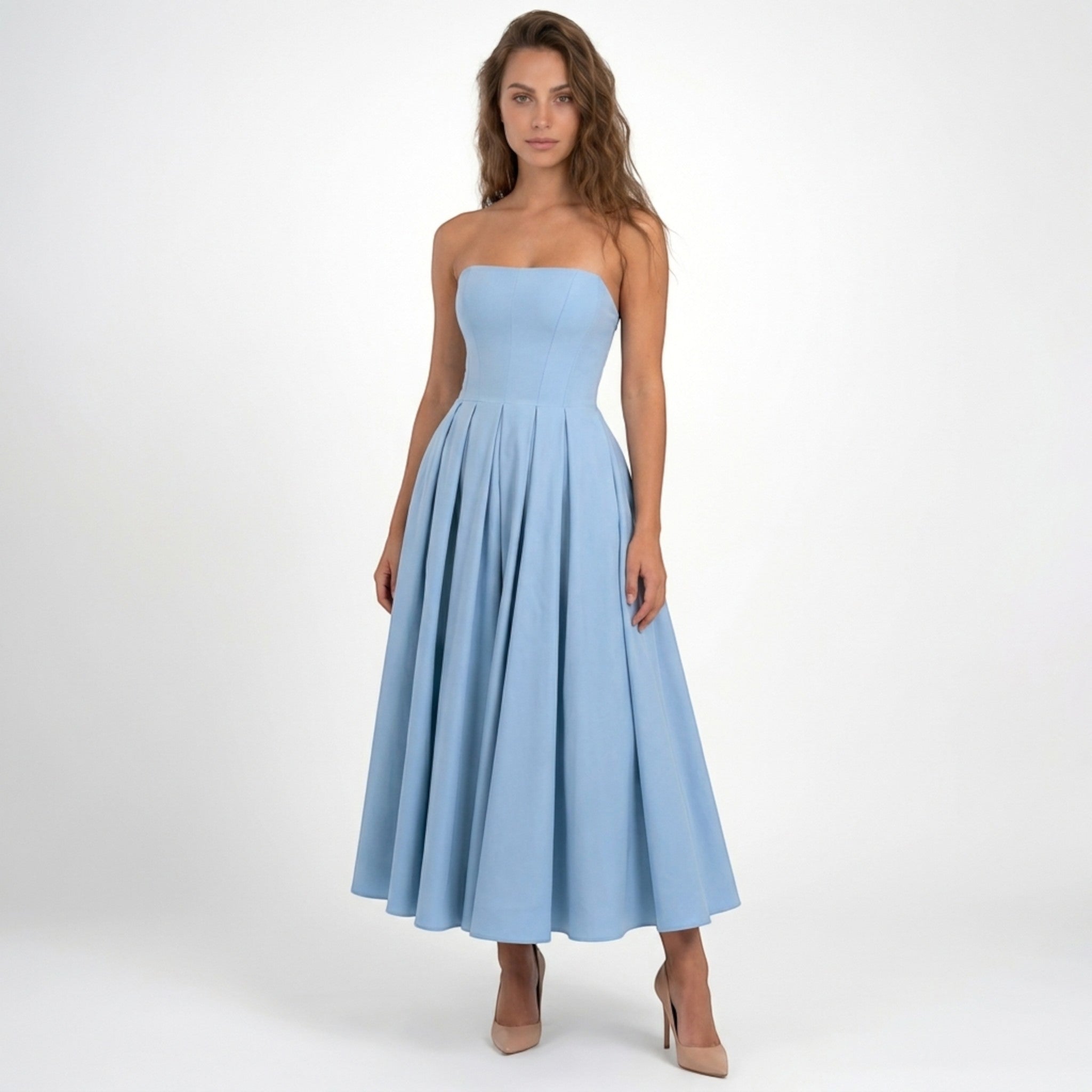Abito midi senza spalline in tessuto liscio da donna | Elegante abito formale a corpetto e linea ad A