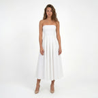 Vestido midi sin tirantes de tela suave para mujer | Elegante vestido formal con corsé y falda en línea A