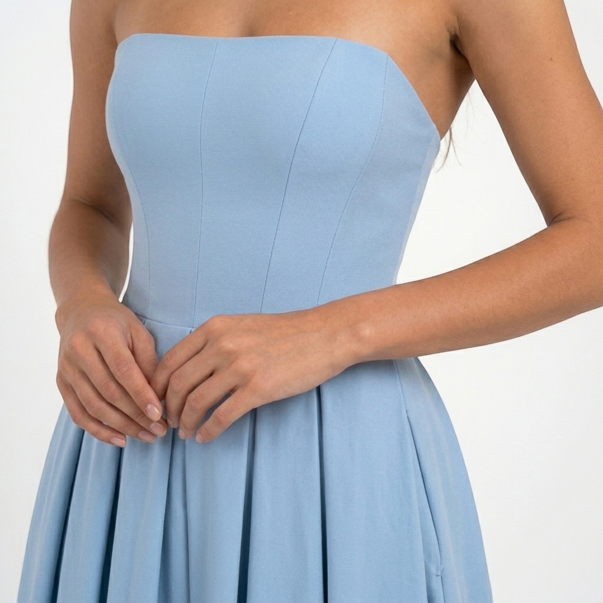 Abito midi senza spalline in tessuto liscio da donna | Elegante abito formale a corpetto e linea ad A