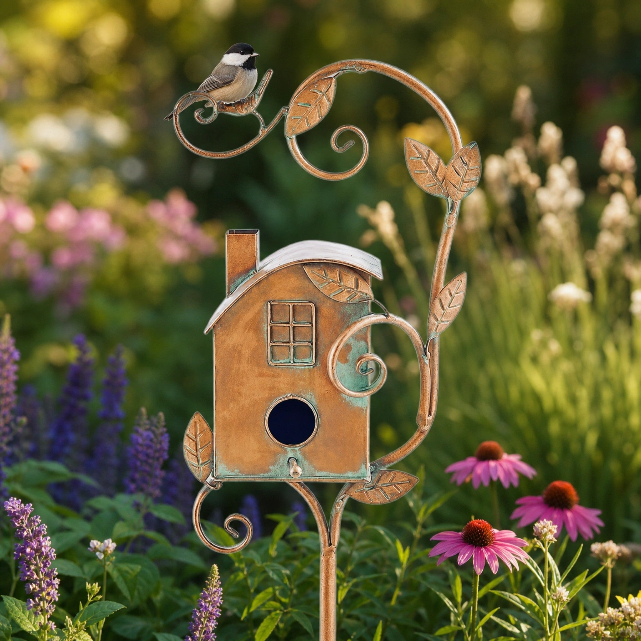 Rustic Metal Birdhouse Garden Stake with Decorative Birds and Leaf Design