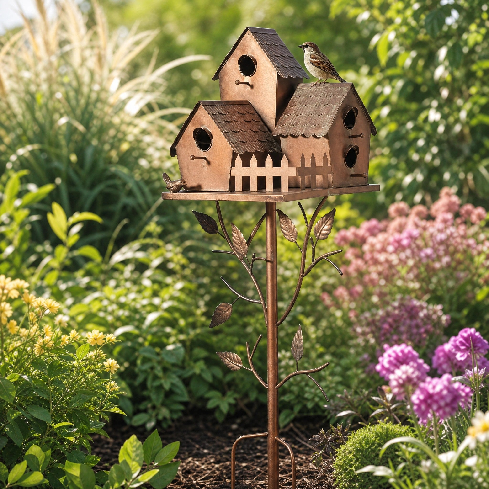 Rustic Metal Birdhouse Garden Stake with Decorative Birds and Leaf Design