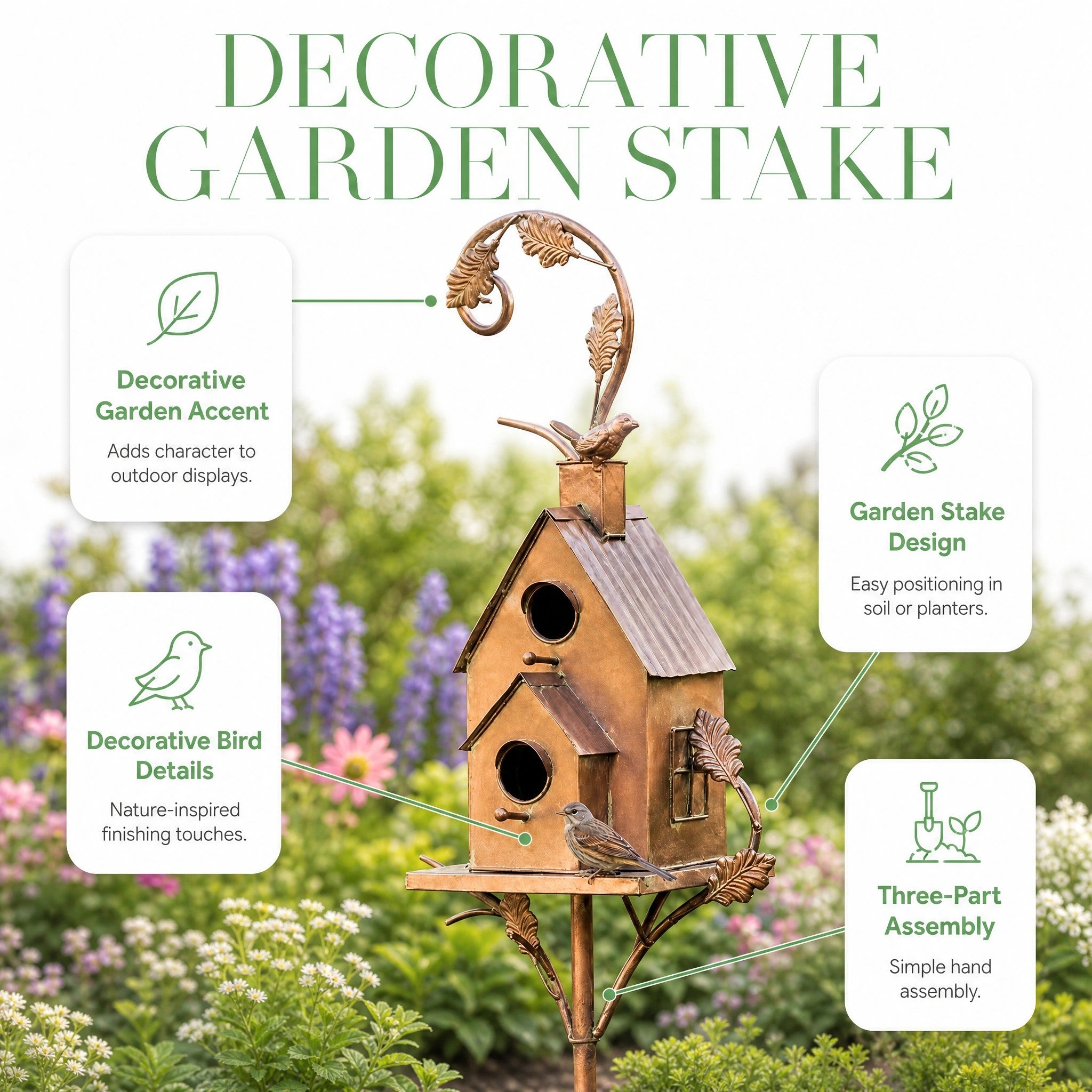 Rustic Metal Birdhouse Garden Stake with Decorative Birds and Leaf Design