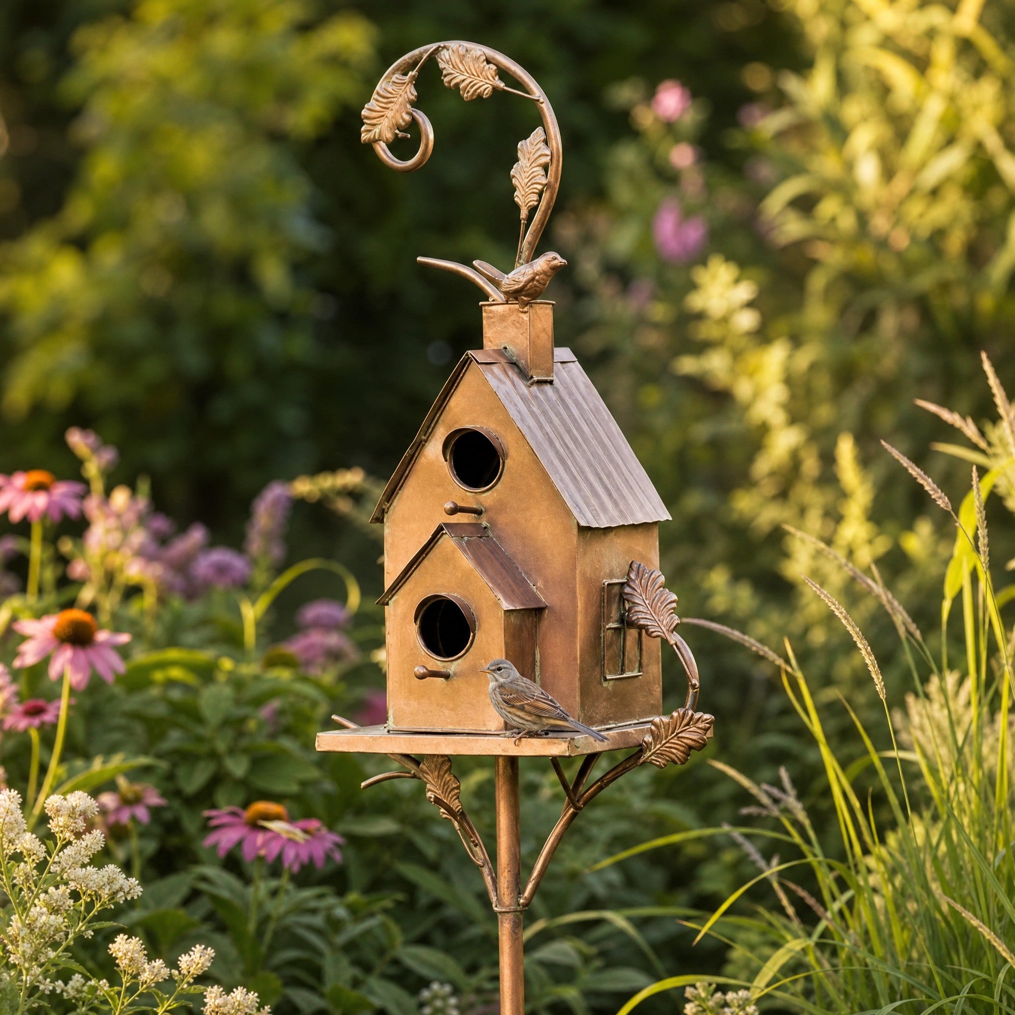 Rustic Metal Birdhouse Garden Stake with Decorative Birds and Leaf Design
